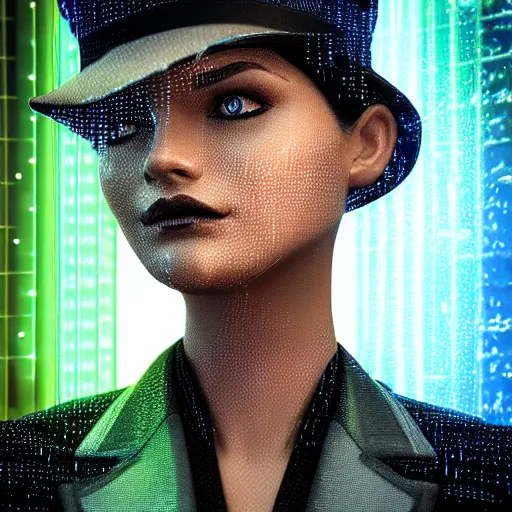 Image similar to stylish woman cartoon portrait made out of rain, pinstripe suit, top hat, cyberpunk background, rendered in octane, unreal engine, highly detailed, trending on artstation, realistic, neon, beautiful