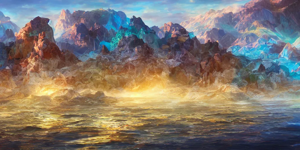 Image similar to salt covered islands surrounded by colourful rugged crystal quartz mountains, illustration, bright sunlight, sun glints, sunrays, digital art, hyperrealistic, oil painting, fantasy, 8 k, trending on artstation, detailed