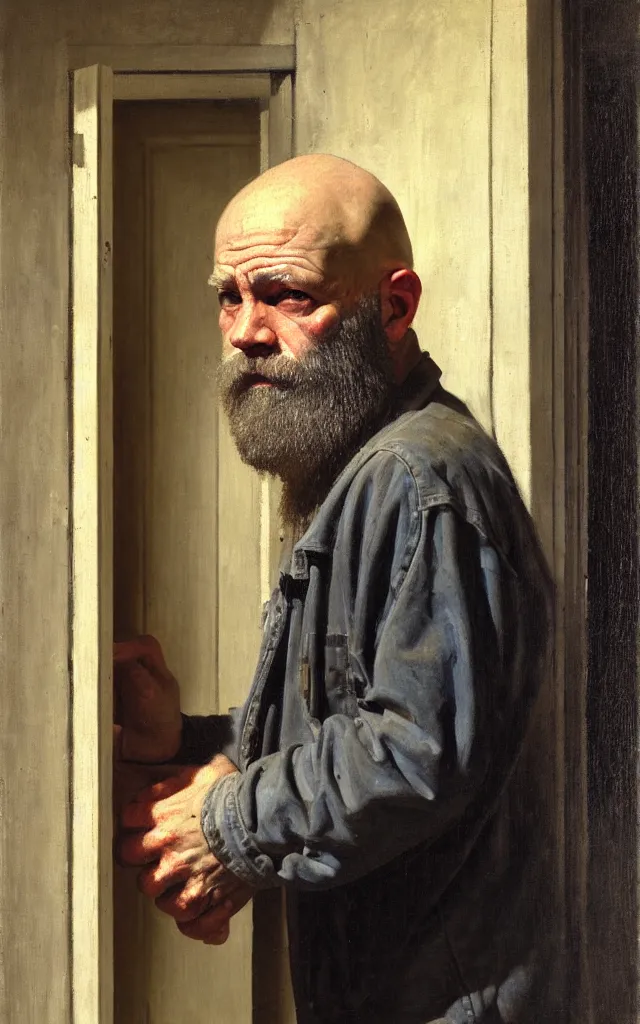 Prompt: realist painted portrait of a rugged bald middle aged man with greying beard standing in a doorway, strong brushwork, natural lighting