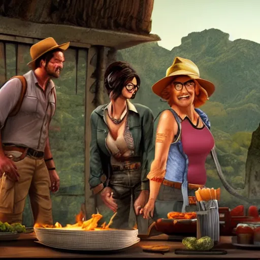 Image similar to still from the movie with Indiana Jones (played by Guy Fieri), Lara Croft (played by Linda Belcher) and Nathan Drake (played by Donald Duck), award-winning cinematography, 4k