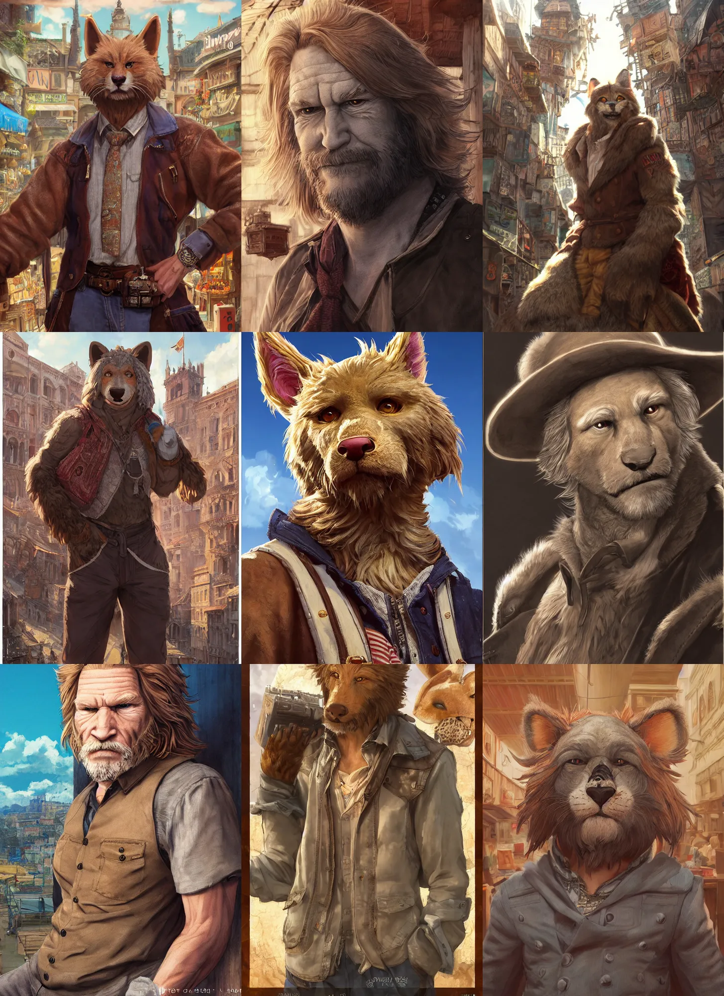 Prompt: full body character anthro fursona portrait of jeff bridges with gorgeous detailed eyes in the marketplace in the sky, color page, tankoban, 4 k, tone mapping, doll, akihiko yoshida, james jean andrei riabovitchev marc simonetti, yoshitaka amano, h. hydrochaeris