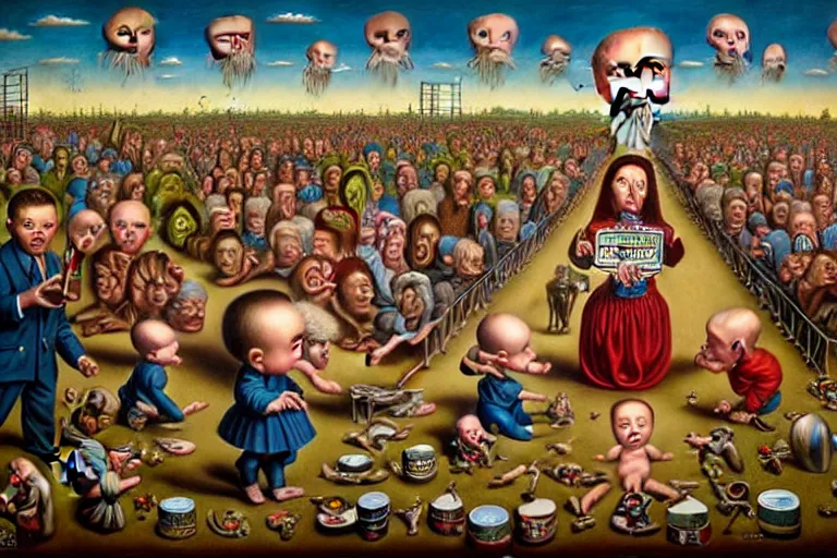 Image similar to a sparsely populated strange battle in an old hospital between old people and babies Robert Williams Mark Ryden and Alex Gross, Todd Schorr highly detailed deep perspective perfect composition