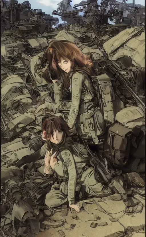 Image similar to manga style, modern warfare, panoramic view of a girl under artillery fire, trench sandbags in background, soldier clothing, long hair, hair down, symmetrical facial features, from shonen jump, wallpaper, trending pixiv, black ink, volumetric lighting, by alphonse mucha, greg rutkowski, cushart kenz, sharp focus, backlit