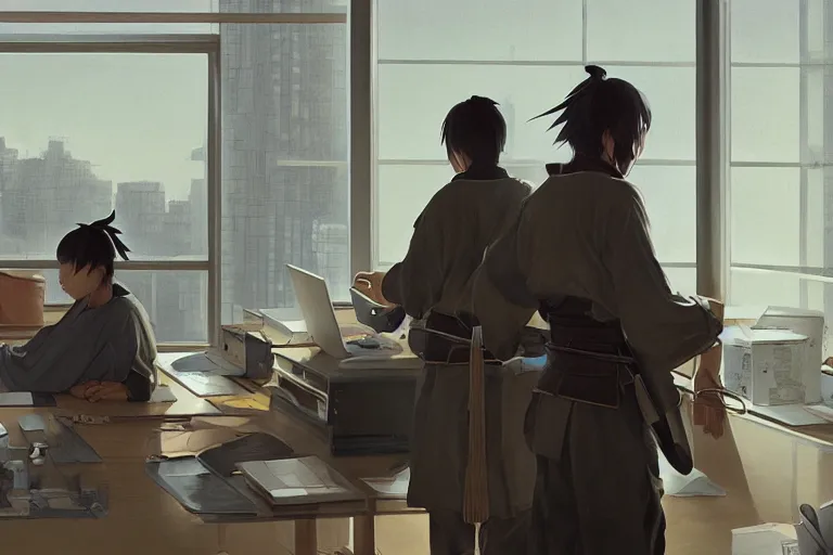 Image similar to japanese samurai working in a modern day office, late afternoon by tsviatko kinchev, makoto shinkai, linda wilder, cedric peyravernay, oil painting, ultra detailed