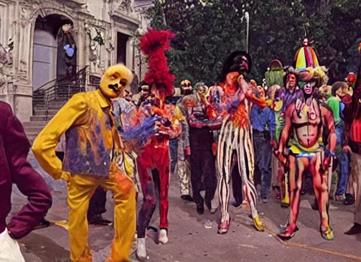 Prompt: still from a surreal art house film by alejandro jodorowsky, kenneth anger and federico fellini, in the style of viennese actionism : : big international production by a major studio : : intense scene, freak show clowns, massive food fight on the street : : cinemascope, technicolor, 8 k