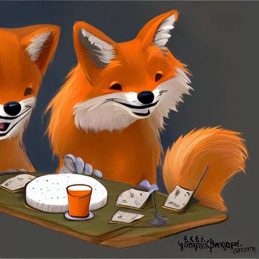 Prompt: foxes judging a cheese competition, furry, cute, disney concept art, artstation, detailed, award winning, dramatic lighting