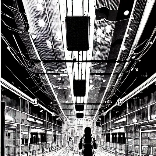 Image similar to a lonely night at the station, by Tsutomu Nihei, highly detailed