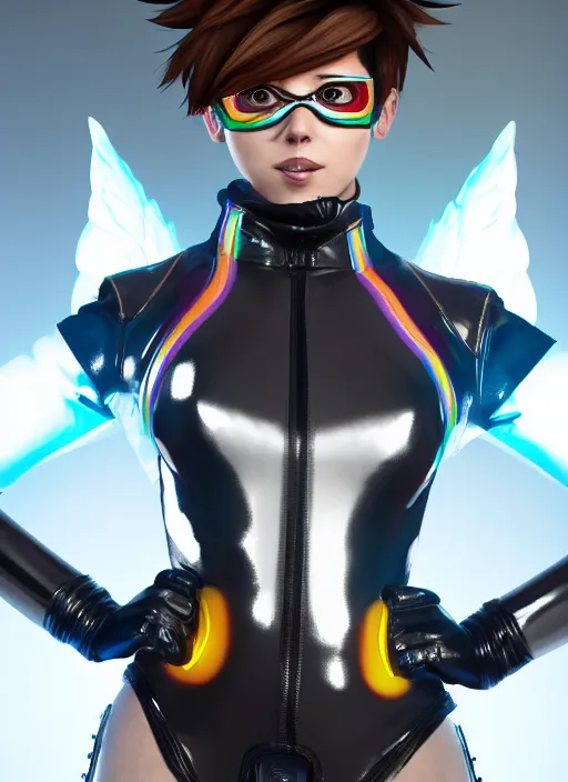 Image similar to portrait bust digital artwork of tracer overwatch, wearing white iridescent rainbow latex and leather straps catsuit outfit, 4 k, expressive happy smug expression, makeup, in style of mark arian, angel wings, wearing detailed black leather collar, chains, black leather harness, detailed face and eyes,