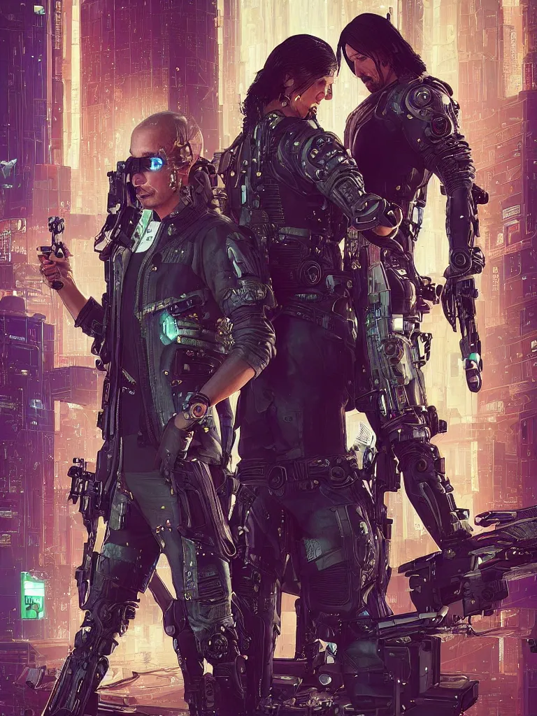 Image similar to a cyberpunk 2077 wedding couple portrait of Keanu Reeves and V in love story,pray,hug,hold,kiss,film lighting,by Lawrence Alma-Tadema,Andrei Riabovitchev,Laurie Greasley,Dan Mumford, John Wick,Speed,Replicas,artstation,deviantart,FAN ART,full of color,Digital painting,face enhance,highly detailed,8K,octane,golden ratio,cinematic lighting