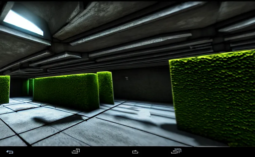 Image similar to in-game screenshot on unreal engine 5, in a liminal underground garden, retrofuturism, brutalism, staggered terraces, minimalist