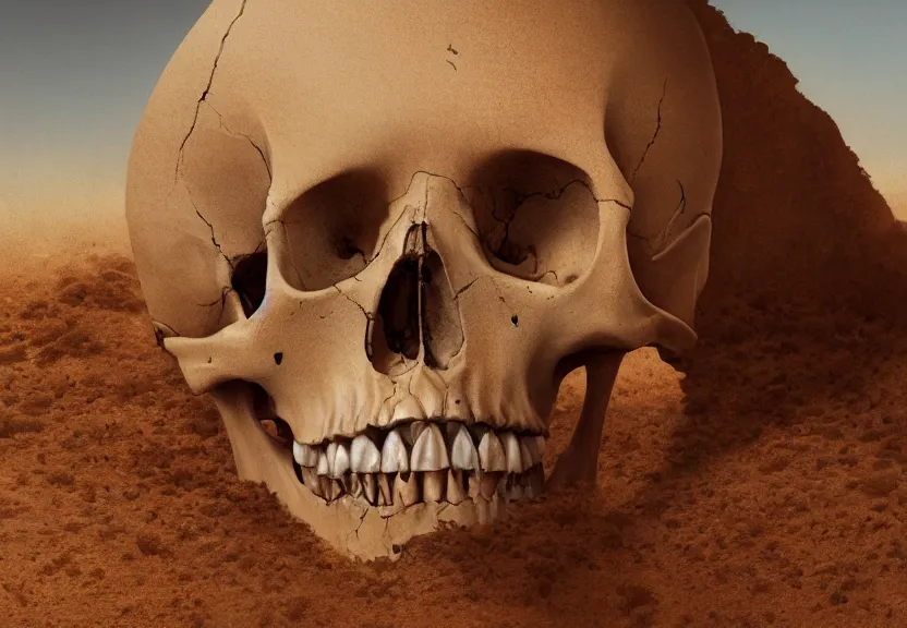 Image similar to close shot of a human skull buried in the sahara desert sand, a realistic digital painting by greg rutkowski and james gurney, trending on artstation, highly detailed