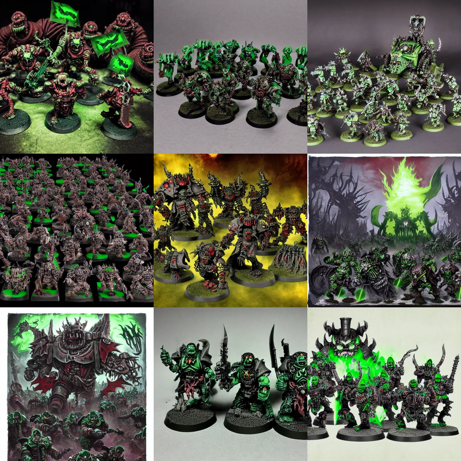 Prompt: The green damned horde as the undead. The final boss fight of the Warhammer 40K era. Space Grey and Necronomicon. High contrast in the foreground and shadows