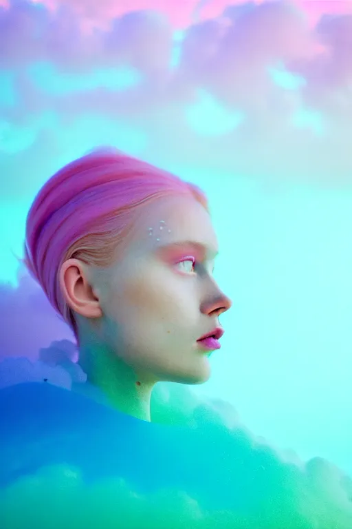 Image similar to high quality pastel coloured film close up wide angle photograph of a model wearing clothing swimming on cloud furniture in a icelandic black rock!! environment in a partially haze filled dreamstate world. three point light, rainbow. photographic production. art directed. pastel colours. volumetric clouds. pastel gradient overlay. waves glitch artefacts. extreme facial clarity. 8 k. filmic.