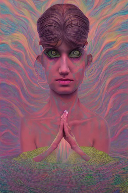 Prompt: acid tripping midsommer girl third eye open, chakra energy waves resonating from her body, ethereal aura, epic surrealism 8k oil painting, portrait, perspective, high definition, post modernist layering, by Sean Yoro, Casey Weldon