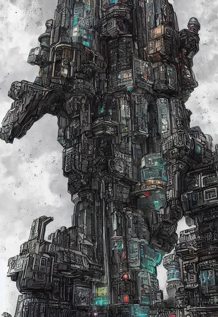 Prompt: a tarot card of the tower, cyberpunk themed art, concept art