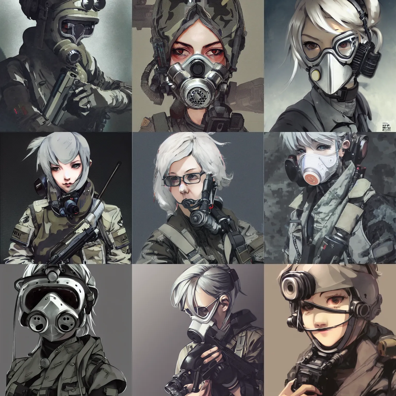 Prompt: girl silver hair, multicam, gas mask, illustration by Yoji Shinkawa and Krenz Cushart, cinematic portrait