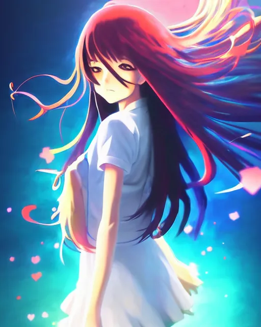 Image similar to anime style, vivid, expressive, full body, 4 k, painting, a cute magical girl with a long wavy black hair, stunning, realistic light and shadow effects, centered, simple background, studio ghibly makoto shinkai yuji yamaguchi