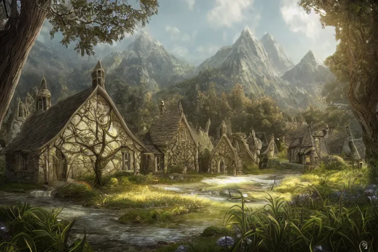 Prompt: A small elven village with elegant architecture in an open field, a winding white pathwalk and a small brook running through, clear blue skies in the background, by Artgerm and Todd Shorr, D&D, high fantasy, 8k photorealistic, cinematic lighting, HD, high details, concept art, trending on artstation