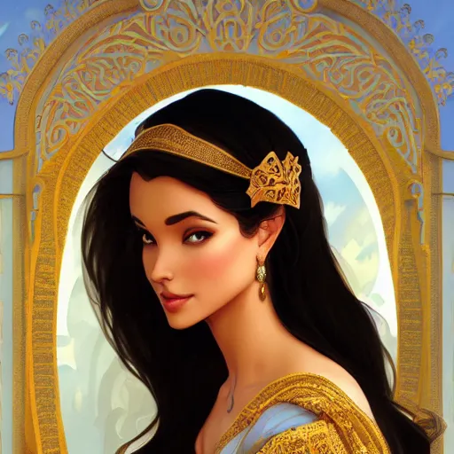 Prompt: beautiful princess jasmine, disney, palace background, intricate, elegant. highly detailed, digital painting, artstation, concept art, smooth, sharp, focus, illustration. art by artgerm and greg rutkowski and alphonse mucha