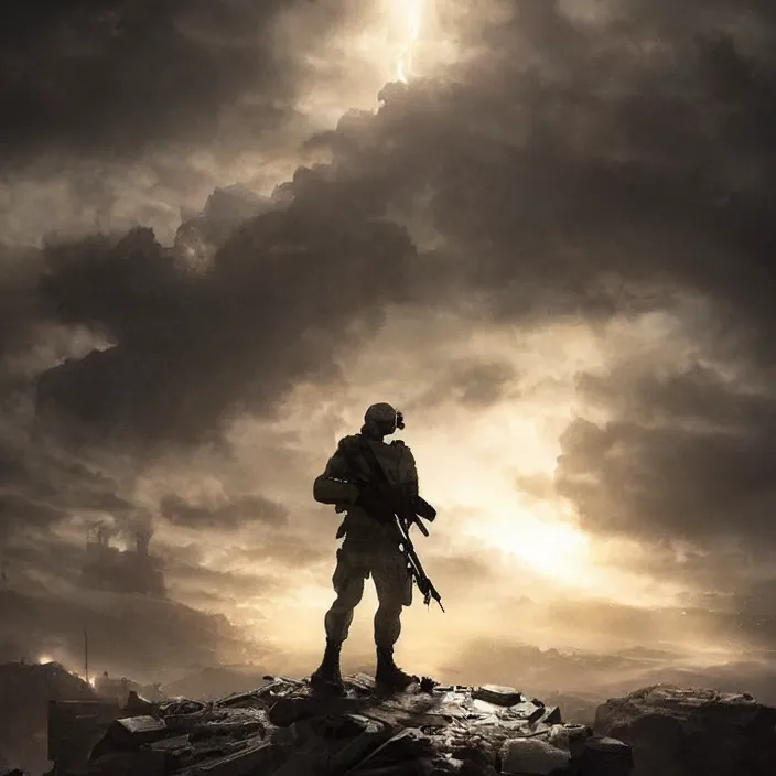 Image similar to cinematic, beautiful lighting, call of duty ghost soldier looking out into the vastness of space, digital art