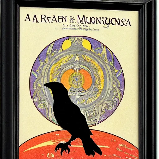 Prompt: a raven in front of a red moon by alphonse mucha