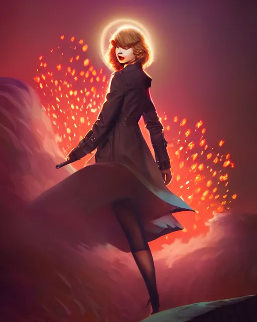 Prompt: taylor swift wearing fashionable trench coat, auburn flower storm, volumetric lighting, jesper ejsing, artgerm, petros afshar, tom whalen