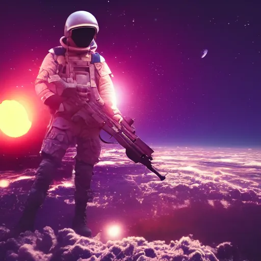 Prompt: high detail photo of an armed soldier holding a really big gun floating in space inside magic colorful glowing sparkling fog, circular planet behind it, starry sky, tranquil, desolate, atmospheric, hazy, autochrome, 8k, reflections, octane render, unreal engine 5