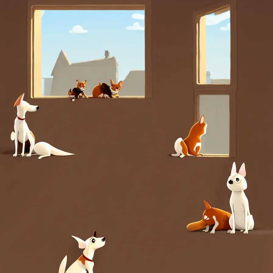 Image similar to Goro Fujita illustrating View from behind of a brown and white dog sitting, ears up and tail active, watching the living room window, art by Goro Fujita, sharp focus, highly detailed, ArtStation