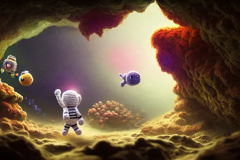 Image similar to an expedition of crochet astronauts discovering a mysterious cave underwater. cute, illustration, digital art, inspired by little big planet, by greg rutkowski, detailed, sharp, masterpiece, highly detailed, photorealistic, octane render, 8 k, unreal engine 5, trending on artstation, vivid colors