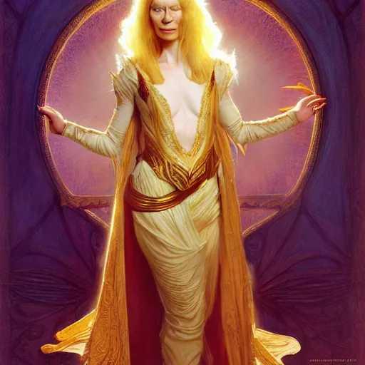 Image similar to young adult tilda swinton as lucifer morningstar, ornate long blond hair, whole body, natural lighting, path traced, highly detailed, high quality, digital painting, by gaston bussiere, craig mullins, alphonse mucha j. c. leyendecker