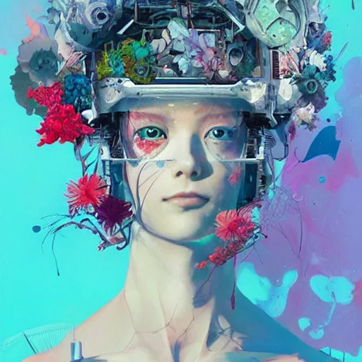 Image similar to surreal gouache painting, by yoshitaka amano, by ruan jia, by conrad roset, by kilian eng, by good smile company, detailed anime 3 d render of a mechanical android head with flowers growing out, portrait, cgsociety, artstation, modular patterned mechanical costume and headpiece, retrowave atmosphere