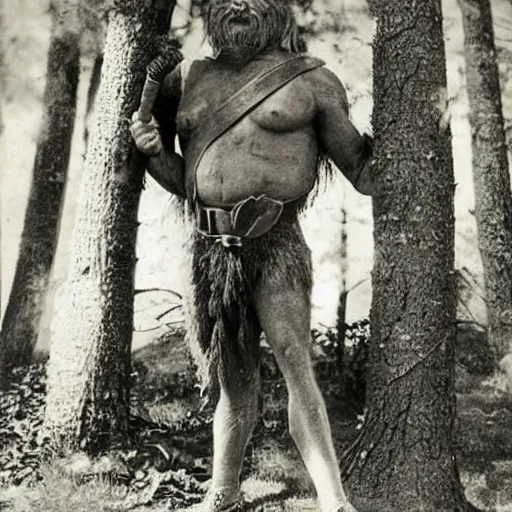 Image similar to A vintage photograph of a real fantasy giant holding a tree as a mace W- 768