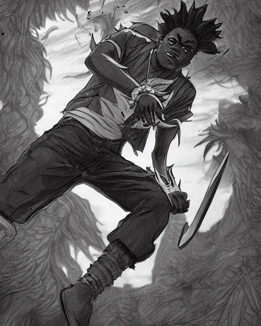 Image similar to a very detailed pencil drawing of kodak black in demon slayer manga panel, action lines, greg rutkowski, in field high resolution, dynamic pose, landscape, medium portrait, action, hyper realistic, manga, koyoharu gotouge, sakuga