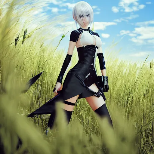 Image similar to a high resolution very detailed image of yorha android with stinger missile in nier : automata, in yellow rye field under blue sky