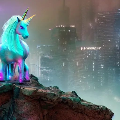 Image similar to a iridescent unicorn on a cliff overlooking a dystopian city covered in colorful toxic smog, ultra realistic, concept art, intricate details, highly detailed, photorealistic, octane render, 8 k, fantasy art, masterpiece