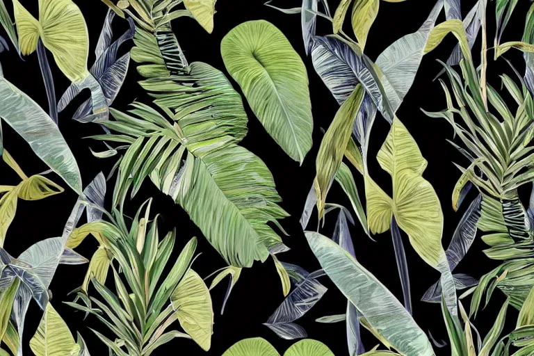 Image similar to exotic tropical print with beautiful and elegant elements perfect for a range of end products from fabrics, fashion, home decor to paper and wallpapers : : black background, art nouveau, trending on artstation