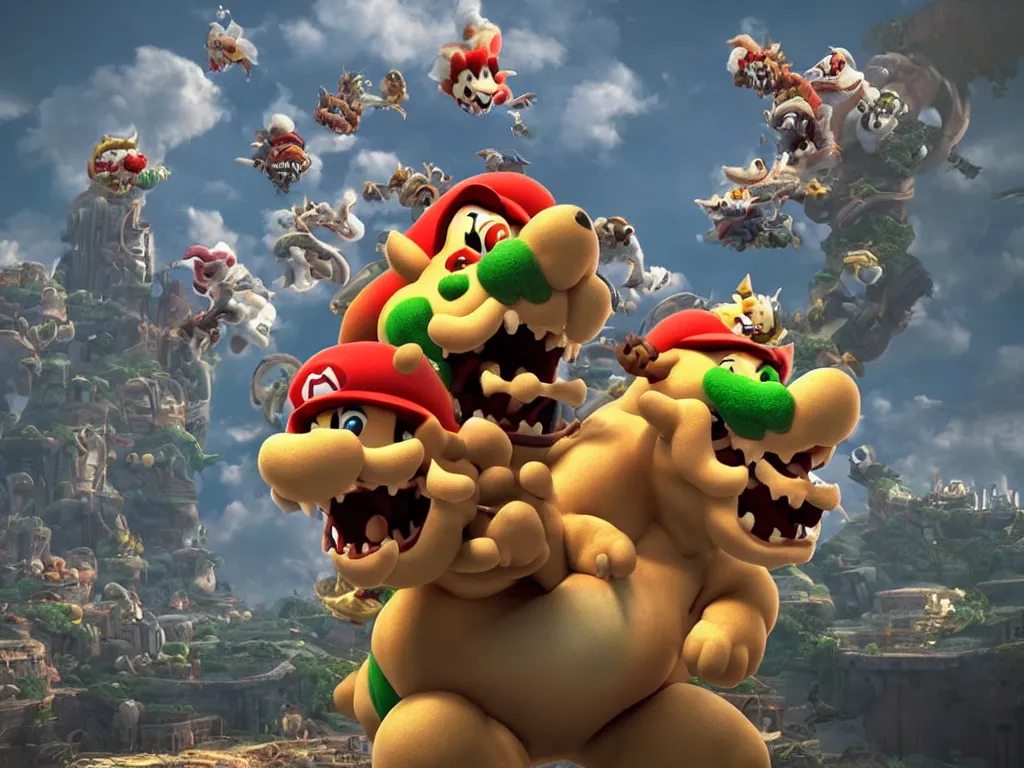 Image similar to Bowser roaring into the sky, standing upright, talons, horns, super Mario, highly detailed, unreal 5, moody atmosphere