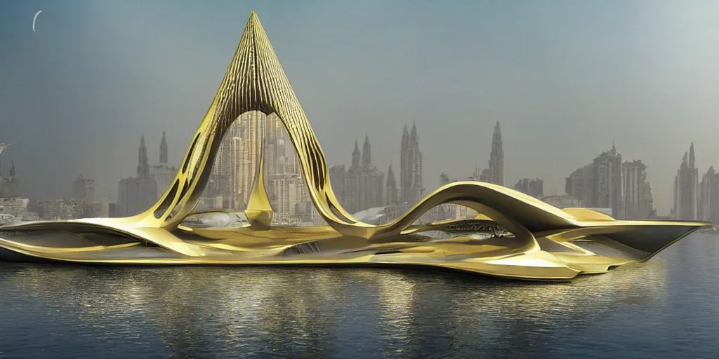 Image similar to mosque floating spaceship by zaha hadid, golds fantasy world