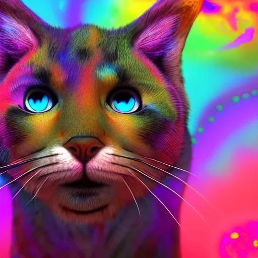 Prompt: photorealistic floppa cat. hyperdetailed photorealism, 1 0 8 megapixels, amazing depth, high resolution, 3 d shading, 3 d finalrender, 3 d cinematic lighting, glowing rich colors, psychedelic overtones, artstation concept art.