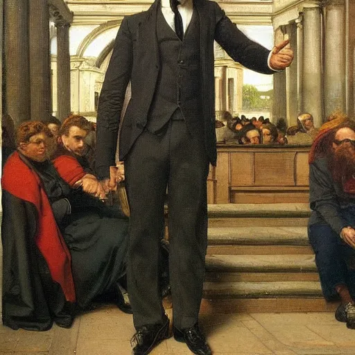 Image similar to saul goodman posing confidently before a crowd of cheering fans, award winning painting by edward poynter