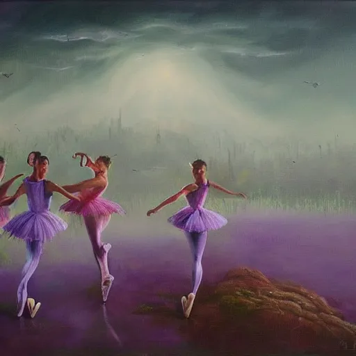 Prompt: ballerinas in an apocalyptic background dancing to a purple dragon with big star. A lot of fog around it. Oil painting in big canva, landscape