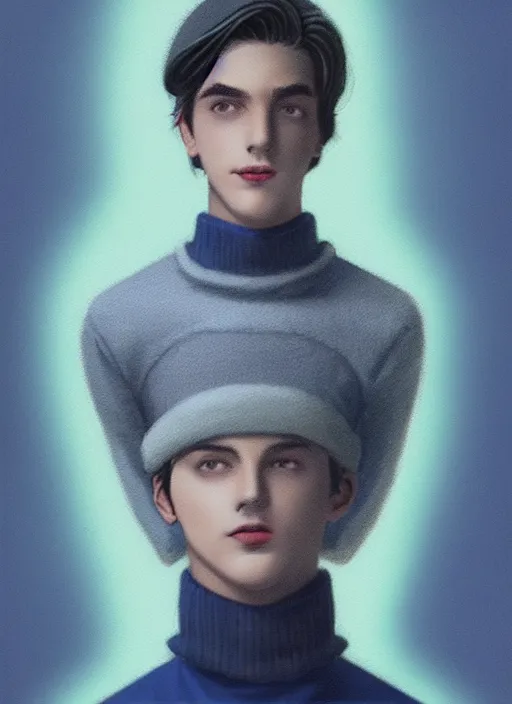 Image similar to portrait of teenage jughead jones wearing a light grey crown, crown, blue turtleneck, 1 9 5 0 s, closed eyes, photorealistic, black hair, glowing lighting, intricate, elegant, glowing lights, highly detailed, digital painting, artstation, concept art, smooth, sharp focus, illustration, art by wlop, mars ravelo and greg rutkowski