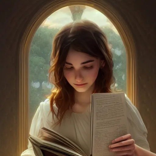 Prompt: a girl reading a book, hidden hands, intricate, highly detailed face, digital painting, artstation, concept art, smooth, sharp focus, illustration, unreal engine 5, 8 k, side view, art by artgerm and greg rutkowski and alphonse mucha