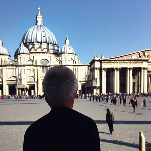 Image similar to artistic photograph by ai weiwei of a man showing ( ( ( stinky finger ) ) ) with condom on it ( ( ( from behind ) ) ), st peter's basilica slighly out of focus in background, cell phone photo