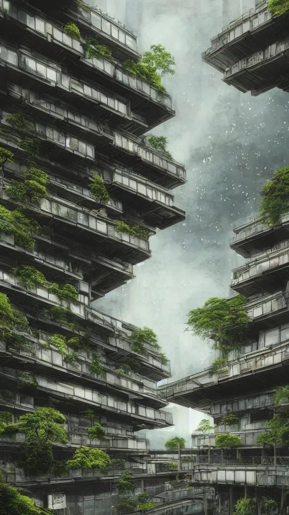 Prompt: photo in style of hiroshige and piranesi. biopunk timber futuristic building in a urban setting. hyper realistic. cloudy morning. mossy buildings with deep tall balconies, plants, trees, and dozens of men and women in bright clothing. thin random columns. large windows with people. deep overhangs. 8 k, volumetric lighting.