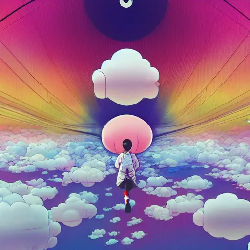 Image similar to a man walking on clouds away from the camera above kyoto by takashi murakami, beeple and james jean, aya takano color style, 4 k, super detailed, modern, 4 k, symmetrical