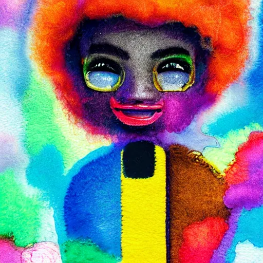 Prompt: a black girl with a colorful afro and rainbow eyes building a robot, bright colours, bokeh!! watercolor, volumetric wool felting, macro photography, children illustration, by goro fujita