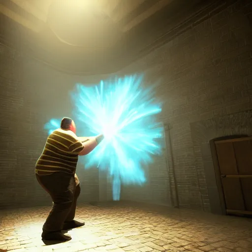 Image similar to Third person perspective of an obese man defending himself with magic against creatures in a dungeon. Octane & Unreal Engine 4 & Photography. Ray-Traced