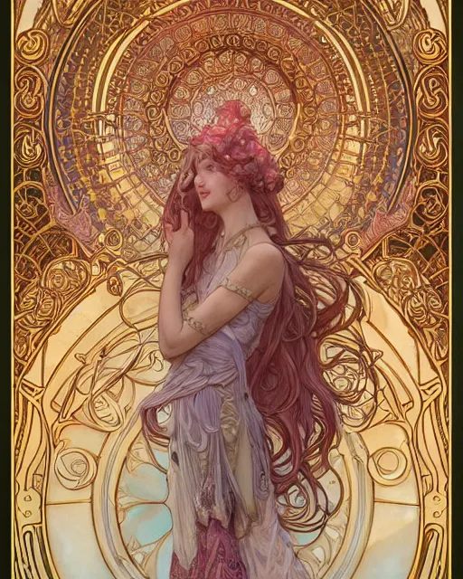 Prompt: a god, highly detailed, very intricate, art nouveau, gold filigree, romantic storybook fantasy, soft cinematic lighting, award - winning, disney concept art watercolor illustration by mandy jurgens and alphonse mucha and alena aenami, pastel color palette, featured on artstation