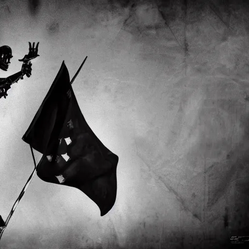 Prompt: death as a humanoid, holding a black flag with a white rose on the flag, riding a horse, rugged, black tactical gear, black and white, noir, futuristic, octane render, cinematic